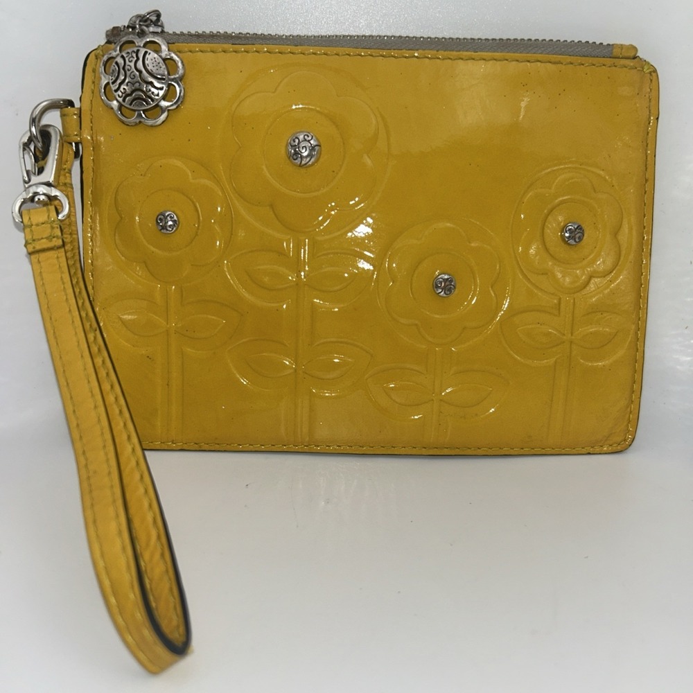 Brighton Yellow Leather Floral Embossed Wristlet Clutch Zip Pouch